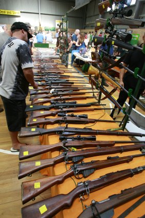 Members of the public looking at rifles on display.