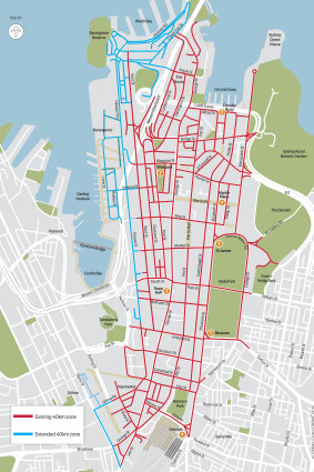 The blue line shows the latest streets in Sydney's CBD to be covered by a 40km/h speed limit. 