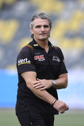 Panthers coach Ivan Cleary was spotted alongside the Blues brain trust ahead of kick-off.