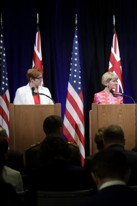 Defence Minister Marise Payne and Foreign Minister Julie Bishop during a press conference with their US counterparts early on Wednesday.