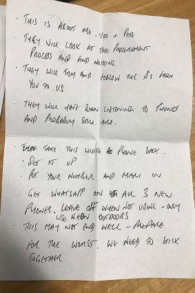 A note former V/Line boss James Pinder wrote for Transclean boss George Haritos after he was raided by IBAC.