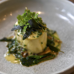 The mushroom and ricotta ritolo with seared spinach, beurre blanc and fried sage.