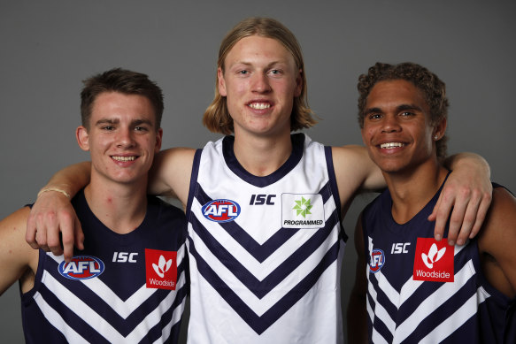Fremantles first-round recruits, from lef tto right: Caleb Serong, Hayden Young and Liam Henry.