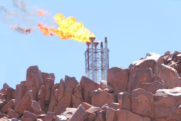 One of the flare towers at Woodside’s Pluto LNG plant.