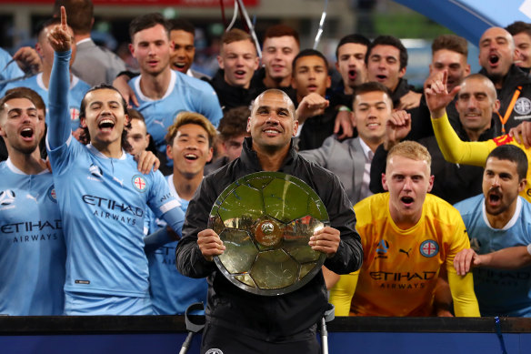 Patrick Kisnorbo before he injured his head during City’s A-League Premiers Plate victory celebrations. 