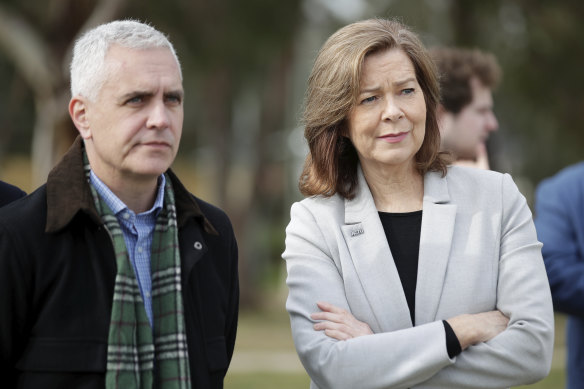 Michael Kaine, National Secretary of the TWU and Michele O'Neil, President of the ACTU during a rally in June calling for airport workers to have access to JobKeeper. 