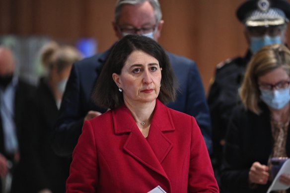 NSW Premier Gladys Berejiklian arriving at today’s coronavirus briefing. 