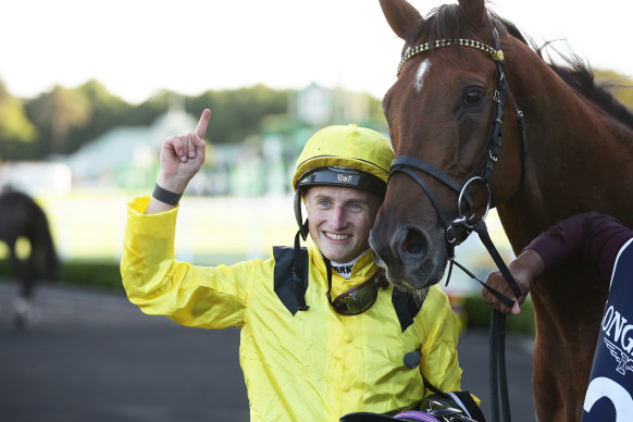 English jockey Tom Marquand with Addeybb after winning the Queen Elizabeth Stakes last year for William Haggas.