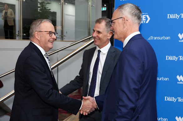 Prime Minister Anthony Albanese, The Daily Telegraph editor Ben English and News Corp Australia executive chair Michael Miller.