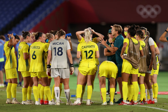 Tony Gustavssen with the Matildas during the Olympic semi-final against Sweden.