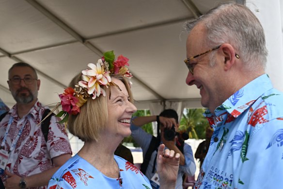 Former prime minister Julia Gillard with Anthony Albanese at the Pacific Pre-COP31 Summit in Funafati, Tuvalu yesterday.