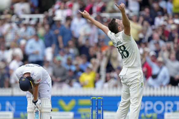 Josh Hazlewood celebrates the prized scalp of England captain Ben Stokes at Lord’s.