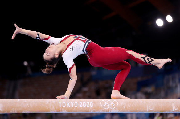 Germany’s Pauline Schaefer-Betz competes in gymnastics, in the full-length uniform they have chosen for the Olympic competition.