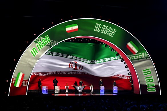 Iran is illuminated on the screen during the FIFA World Cup 2026 Official Draw at John F. Kennedy Centre for the Performing Arts.