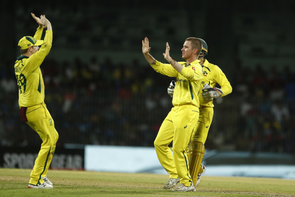 Adam Zampa celebrates the wicket of Hardik Pandya of India during game three of the ODI.