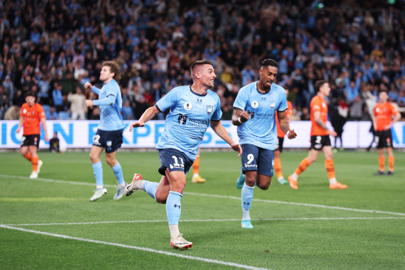 Robert Mak celebrates after scoring for Sydney FC in the 2023 Australia Cup final against Brisbane Roar at Allianz Stadium.