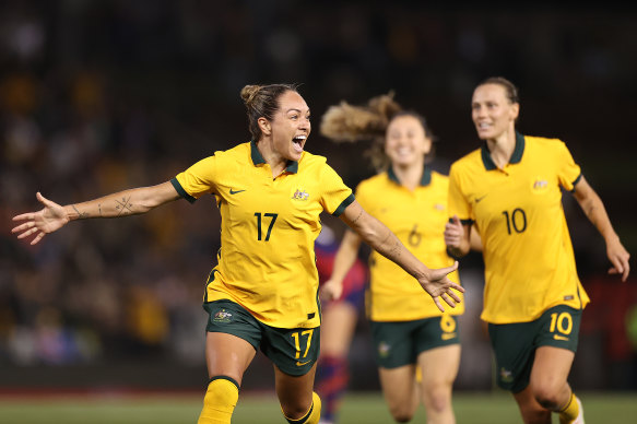 Kyah Simon celebrates after scoring against the US in a friendly in 2021. 