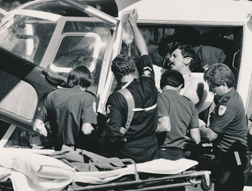 John Kapetanovski is loaded into the police helicopter on February 25, 1986.