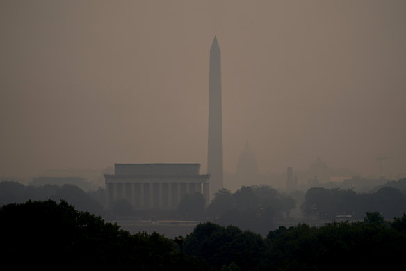 Haze blankets monuments on the National Mall in Washington, DC.