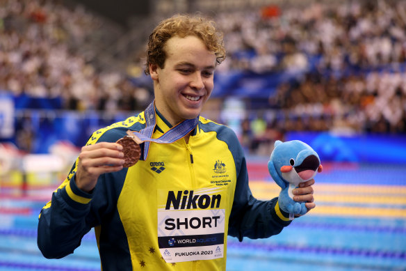 Sam Short with his bronze medal in the men’s 1500m freestyle. 