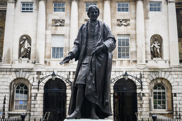 The statue of Sir Thomas Guy outside Guy's Hospital in central London.