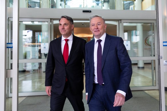 Anthony Albanese (right), with Richard Marles at the conference, said the pandemic had laid bare some unacceptable truths about an aged care system in crisis, insecure work, millions of Australians in low-paid jobs and women’s voices going unheard.