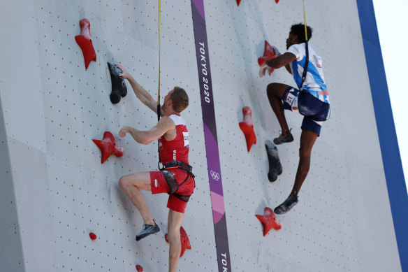 Jakob Schubert of Austria and Bassa Mawem of France in the incredibly underwhelming Olympic sport of climbing.