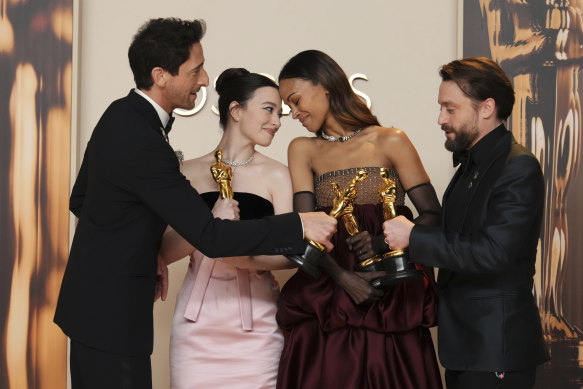 Oscar winners (from left) Adrien Brody (best actor, The Brutalist,) Mikey Madison (best actress, Anora), Zoe Saldana, (best supporting actress, Emilia Perez) and Kieran Culkin (best supporting actor, A Real Pain).
