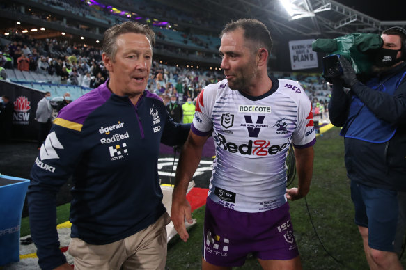 Craig Bellamy and Cameron Smith after last year’s grand final win. 