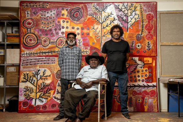 Eric Barney and Alec Baker with their work <i>Ngura (Country)</i> and Namatjira.