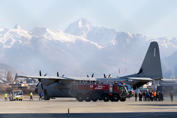 An Italian Air Force plane prepares to take home the bodies of five Italian teenagers killed in a Swiss bar fire on New Year’s Day.