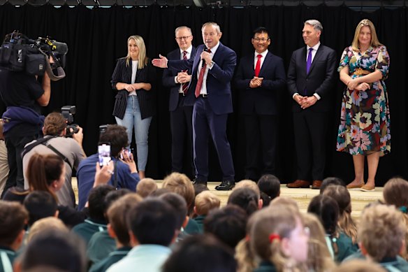 Prime Minister Anthony Albanese and WA Premier Roger Cook during a visit to Winthrop Primary School, in the electorate of Tangney, on Thursday morning.