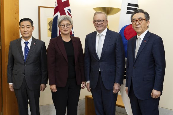 Foreign Affairs Minister Penny Wong and Prime Minister Anthony Albanese with South Korean Defence Minister Shin Won-sik (left) and Foreign Affairs Minister Cho Tae-yul (right).