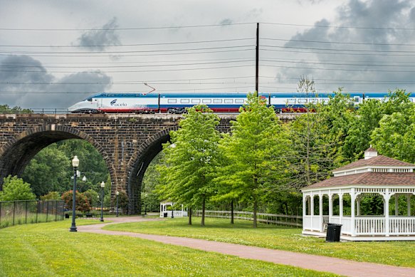 New meets old as the train passes over the Coatesville High Bridge, a 1904 stone viaduct in Pennsylvannia.