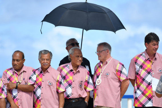 Prime Minister Scott Morrison (second from right) with Pacific leaders at the Pacific Islands Forum in Tuvalu in 2019. 