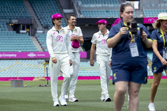 Sam Konstas, Mitchell Starc and Pat Cummins in at the SCG on Wednesday.