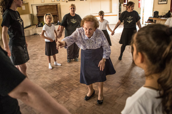 Back for 2020: Irish dancing teacher Geraldine Ryan, 89, with Warragul students including Julie Walker, at left, behind her.  