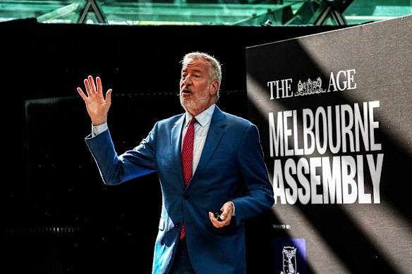 Former mayor of New York Bill De Blasio at the Melbourne Assembly. 