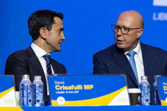 Queensland Opposition Leader David Crisafulli (left) and Peter Dutton at the LNP convention.