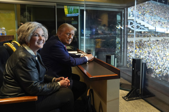 Susie Wiles and Donald Trump at a Pittsburgh Steelers game last year.
