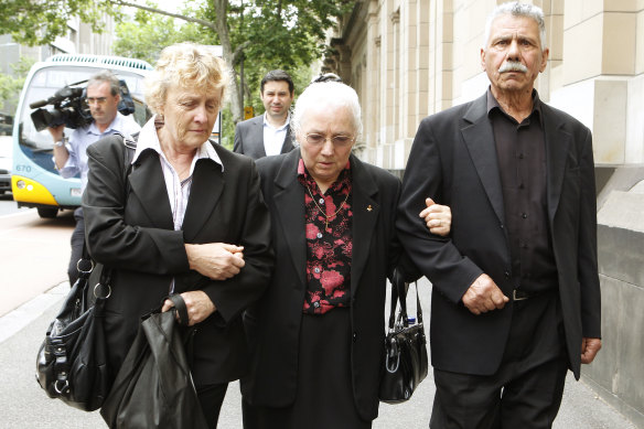 Nicole Patterson’s mother, Pam O’Donnell, left, leaves the Supreme Court with Christina and George Halvagis after Peter Dupas was given a life sentence without parole.