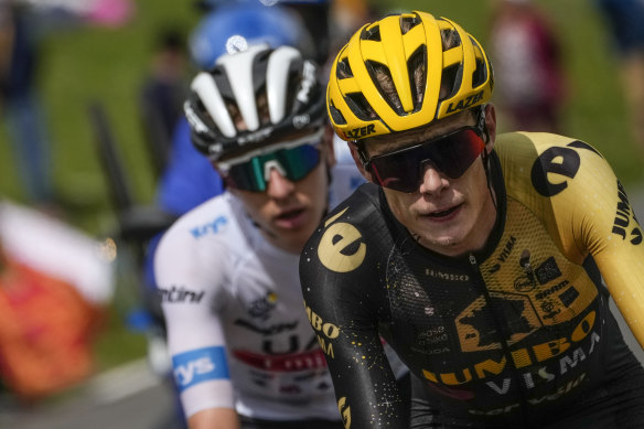 Denmark’s Jonas Vingegaard leads Slovenia’s Tadej Pogacar during the sixth stage of the Tour de France race.