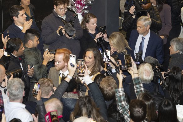 Julian Assange’s wife and lawyers arrived to a sea of supporters as they spoke at a Canberra hotel following his return to Australia. 