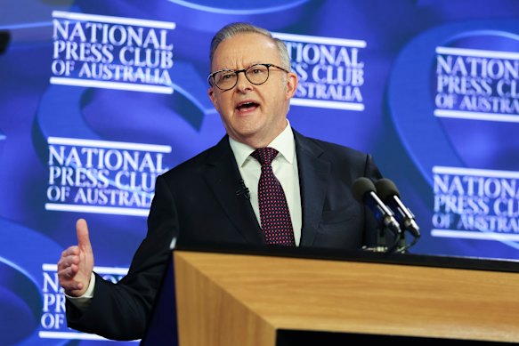 The prime minister at the National Press Club on Thursday.