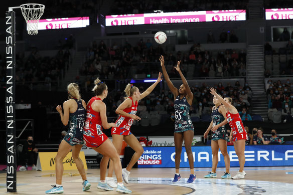 Mwai Kumwenda of the Vixens shoots during her side’s loss to the Swifts on Saturday.