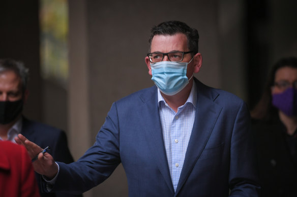 Brett Sutton, Daniel Andrews and Jenny Mikakos on Tuesday.