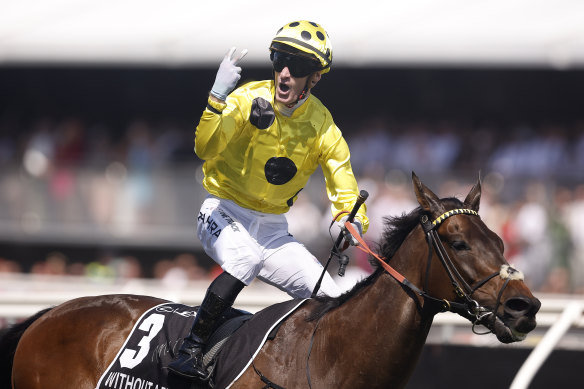 Mark Zahra wins the Melbourne Cup aboard Without A Fight.