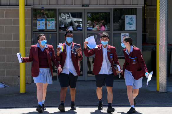 Year 12 students at Marymede Catholic College in South Morang celebrate completing their VCE English exam.  Left to right: Claudia Pironi, Nuwin Fernando, Jake Mitkovski and Jarnai Brancaleone.