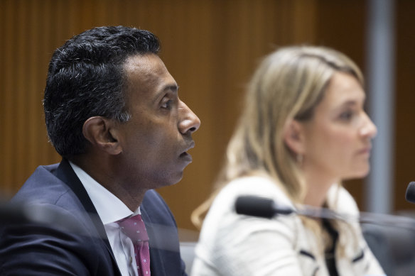 Lambo Kanagaratnam and then Optus CEO Kelly Bayer Rosmarin during a Senate hearing.