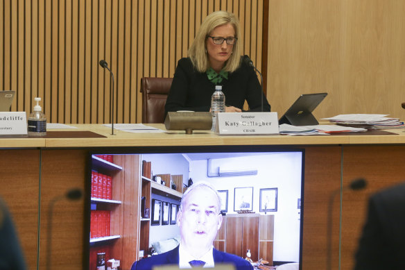 Senator Katy Gallagher questions Aged Care Minister Richard Colbeck via video-conference.